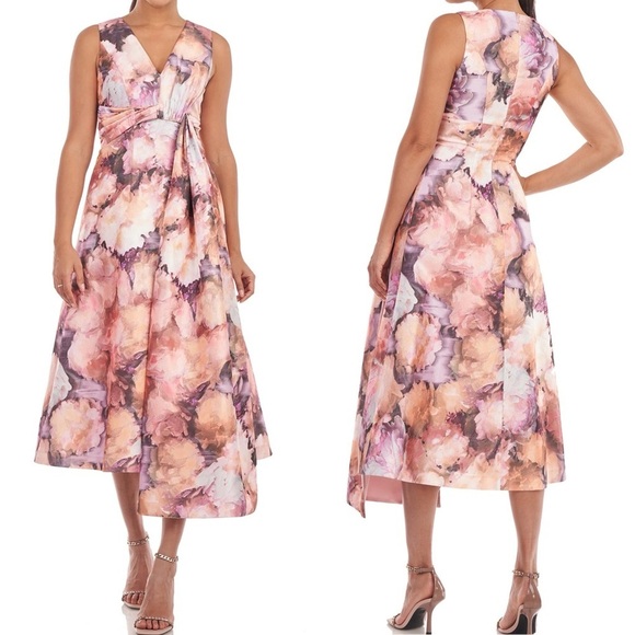 Kay Unger NWT Lani Midi Dress 2 Soft Orchid watercolor floral pockets asymmetric - Picture 1 of 15